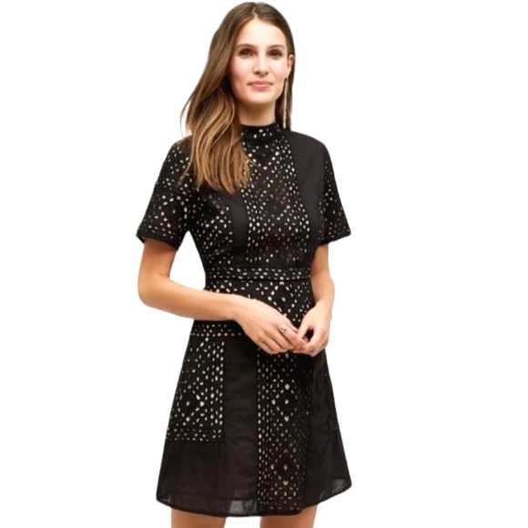 Anthropologie Kas Ny Black Iolet /Tan Shortsleeve Mock Turtleneck Dress - Picture 1 of 16